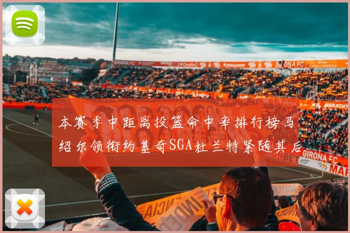 本赛季中距离投篮命中率排行榜马绍尔领衔约基奇SGA杜兰特紧随其后